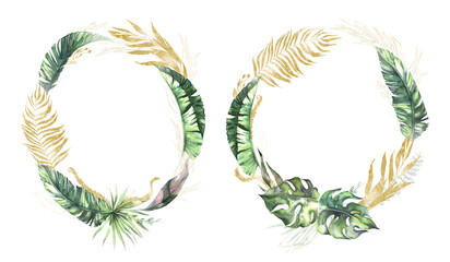 Watercolor summer invitations frames with hand painted tropical dried palm leaves, branches of green, gold leaves. Romantic floral bouquet perfect for wedding greeting cards, invitation and more. High