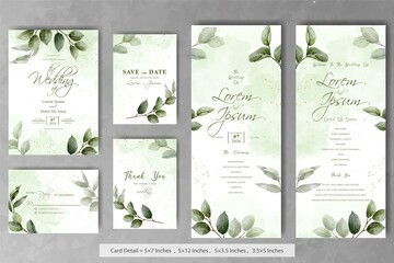 Greenery Wedding invitation with Hand drawn leaves and watercolor splash background