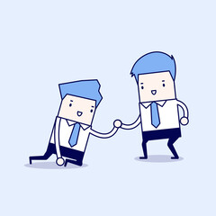 Businessman helping another. Cartoon character thin line style vector.