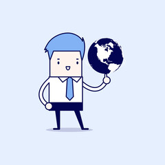 Businessman spinning globe. Cartoon character thin line style vector.