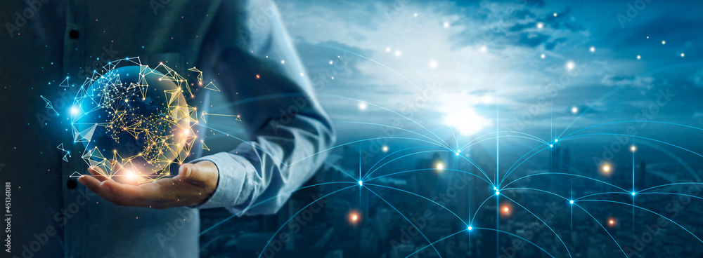 Aufkleber businessman holding global digital network and data customer connection, social network and data exc