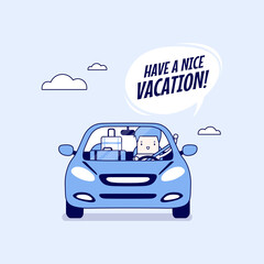 Joyful businessman traveling by car with suitcases and say Have a nice vacation. Cartoon character thin line style vector.
