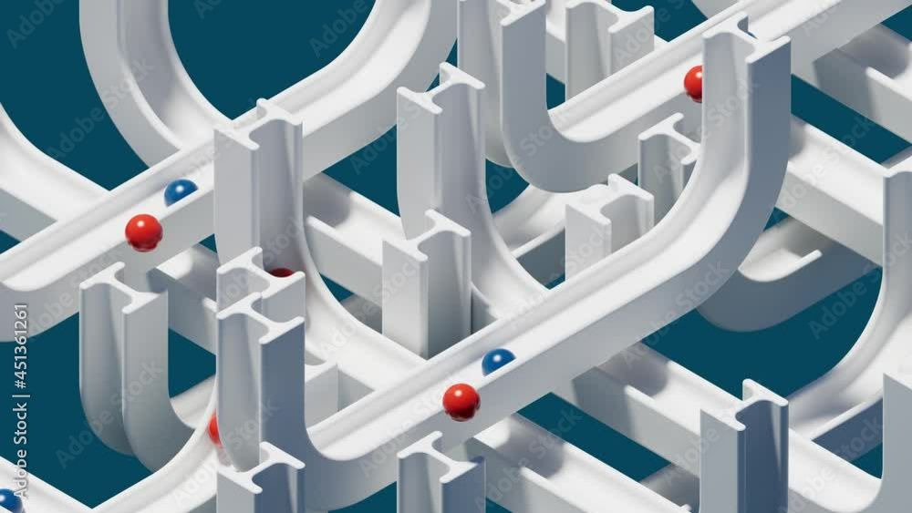 Poster 3d render of balls rolling inside the pathway. an abstract mix of different white ways. simple minim