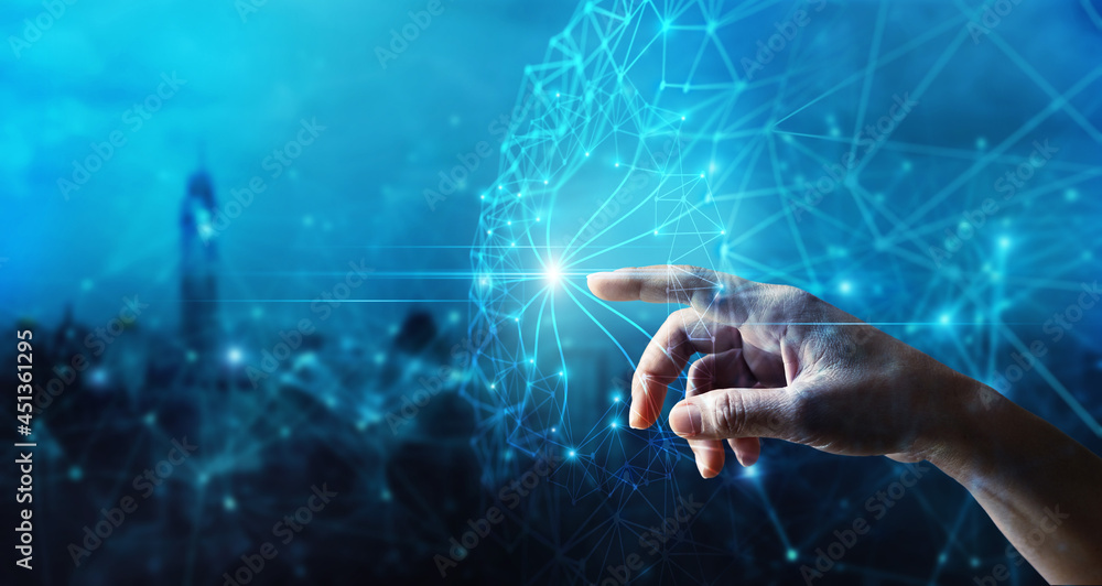 Poster Man touching global structure networking and data exchanges, Global digital connections with technology, Telecommunication and communication for internet business and social media networking.
