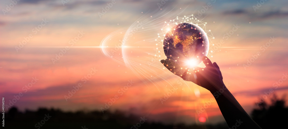 Poster Businessman holding global network and data exchanges, Global digital connections with technology, Telecommunication and communication for internet business and social media networking.