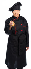 an elderly woman in a cook's suit holds a rolling pin. seasoned old sushi master, pastry chef in black uniform. white, isolated background