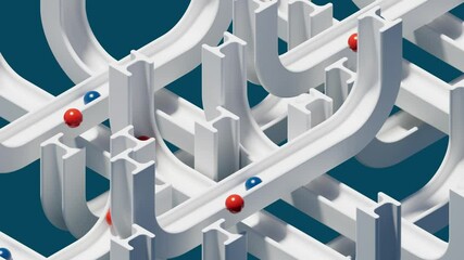 3d render of balls rolling inside the pathway. An abstract mix of different white ways. Simple minimal concept structure.  Loop animation.