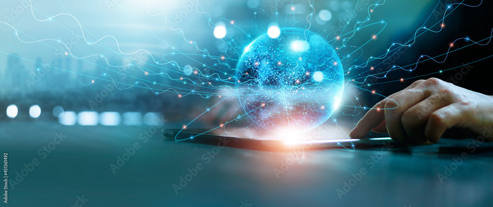 Poster .Global network connection concept, Abstract science, Businessman touch global network connection and data exchanges on digital tablet. city background.
