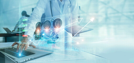 Healthcare business graph data and growth, Medical examination and doctor analyzing medical report...
