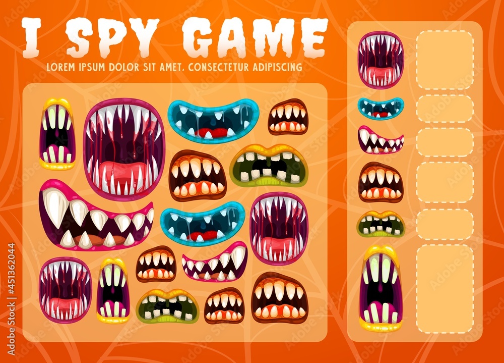 Aufkleber child i spy game with halloween monsters teethed maws. children math activity, educational game or c
