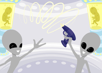 Illustration with cute extraterrestrial aliens in a spaceship.
