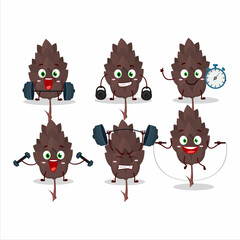 A healthy conifers cartoon style trying some tools on Fitness center