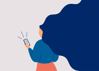 Female reads news on the mobile. Young woman surfing the internet on a smartphone. Girl communicating through the phone. Addiction from social media and the internet. Vector illustration