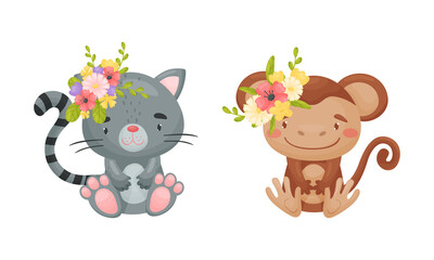Fototapeta premium Adorable baby animals in wreaths of colorful flowers set. Lovely cat, monkey with floral wreath cartoon vector illustration
