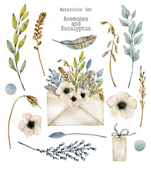 Watercolor illustration set with craft envelope, anemones, eucalyptus, feather and ears of corn. Hand drawn clipart. Isolated on white background.