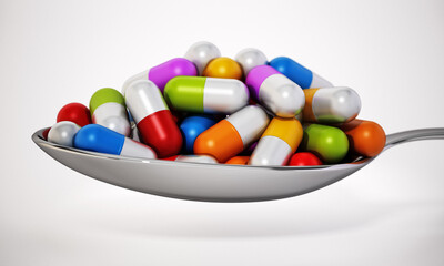 Multi colored vitamin pills inside a metal spoon. 3D illustration