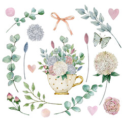 Watercolor illustration set with cup, eucalyptus, hydrangea, dots, pink hearts, butterfly and roses. Hand drawn clipart. Isolated on white background.