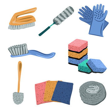 Set of tools for cleaning - brushes, washcloths, toilet brush, rubber cleaning gloves. Household items for cleaning. Vector illustration isolated on white background