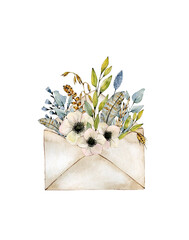 Watercolor illustration with craft envelope, flowers and ears of corn. Hand drawn clipart. Isolated on white background.