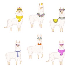 A collection of cute llamas with accessories - glasses, scarves, hats and flowers. Vector illustration in cartoon style isolated on white background