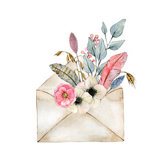 Watercolor illustration with paper envelope and flowers. Hand drawn clipart. Isolated on white background.