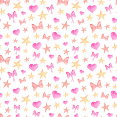 Watercolor pink ribbon bows, hearts and stars seamless pattern. Hand painted cute simple design isolated on white background for children, girls, kids, nursery, textile, wrapping