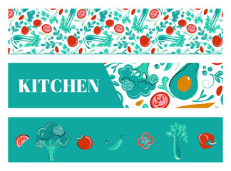 Set of kitchen ribbons and banners with patterns. Collection of doodle vegetables hand drawn vector.