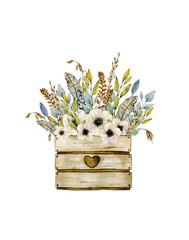 Watercolor illustration with wood box, leaves of eucalyptus, ears of corn, feathers and anemones. Hand drawn clipart. Isolated on white background.