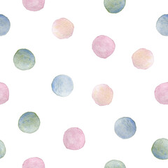 Watercolor seamless pattern multicolor polka dot. Hand drawn clipart. Isolated on white background.