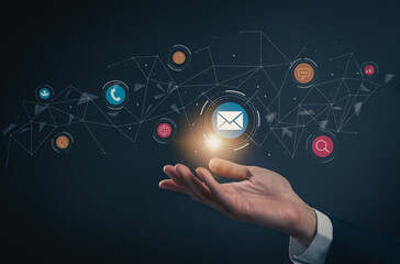 Contact us support concept, hand show screen icon email, multimedia and message online.
