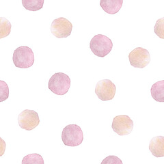 Watercolor seamless pattern pink polka dot. Hand drawn clipart. Isolated on white background.