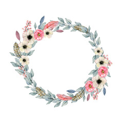 Watercolor illustration wreath with feathers, anemones and eucalyptus. Hand drawn clipart. Isolated on white background.