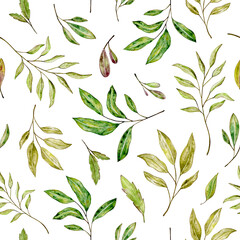 Watercolor seamless pattern with green leaves. Hand drawn illustration. Isolated on white background.