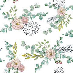 Fototapeta na wymiar Watercolor seamless pattern with roses and eucalyptus leaves. Hand drawn illustration. Isolated on white background.