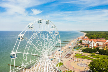 Aerial: The Ferris Wheel on the promenade of Zelenogradsk