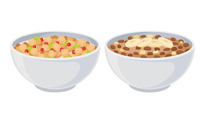 Granola in bowls set. Muesli with fruits and berries in bowl with milk or yogurt vector illustration