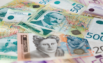 Serbian dinars banknotes. Currency cash money