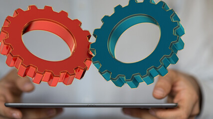 businessman hand draws gear to success.