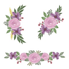 arrangement pink roses and purple flower watercolor frame for wedding invitation