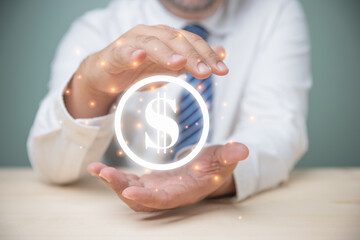 Businessman holding icon currency US dollar on hands. Investment and finance for growth business concept. present technology internet online is essential for doing business in finance and investment.