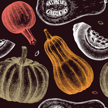 Seamless pattern with hand drawn Pumpkins. Thanksgiving design illustration. Autumn Harvest festival background with vector vegetables, pumpkin slice and seeds sketches.