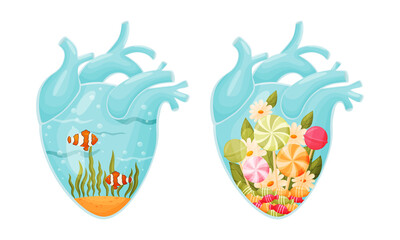 Underwater and fabulous world inside human hearts vector illustration