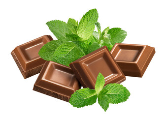 Green mint leaves and chocolate square pieces isolated on white background