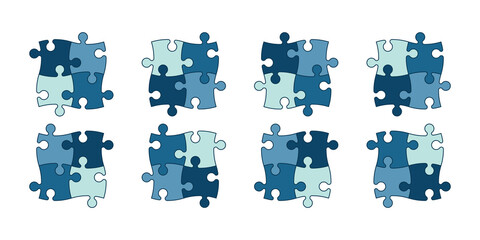 Set of puzzle pieces of different colors isolated on white background. Vector illustration.