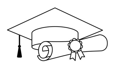 University icon. A rolled graduation diploma with seal stamp. Education symbol, mortarboard or graduation cap with tassel. Black outlines isolated on a white. Diploma Degree vector stock illustration.