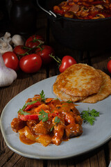 Original Hungarian goulash with potato pancakes