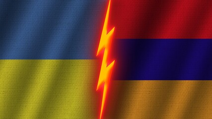 Armenia and Ukraine Flags Together, Wavy Fabric Texture Effect, Neon Glow Effect, Shining Thunder Icon, Crisis Concept, 3D Illustration