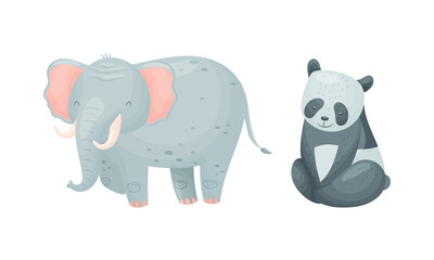 Cute exotic animals set. Elephant and panda bear cartoon vector illustration