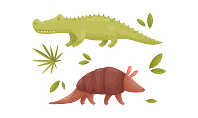 Cute exotic animals set. Crocodile and armadillo cartoon vector illustration
