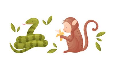 Cute exotic animals set. Snake and monkey cartoon vector illustration